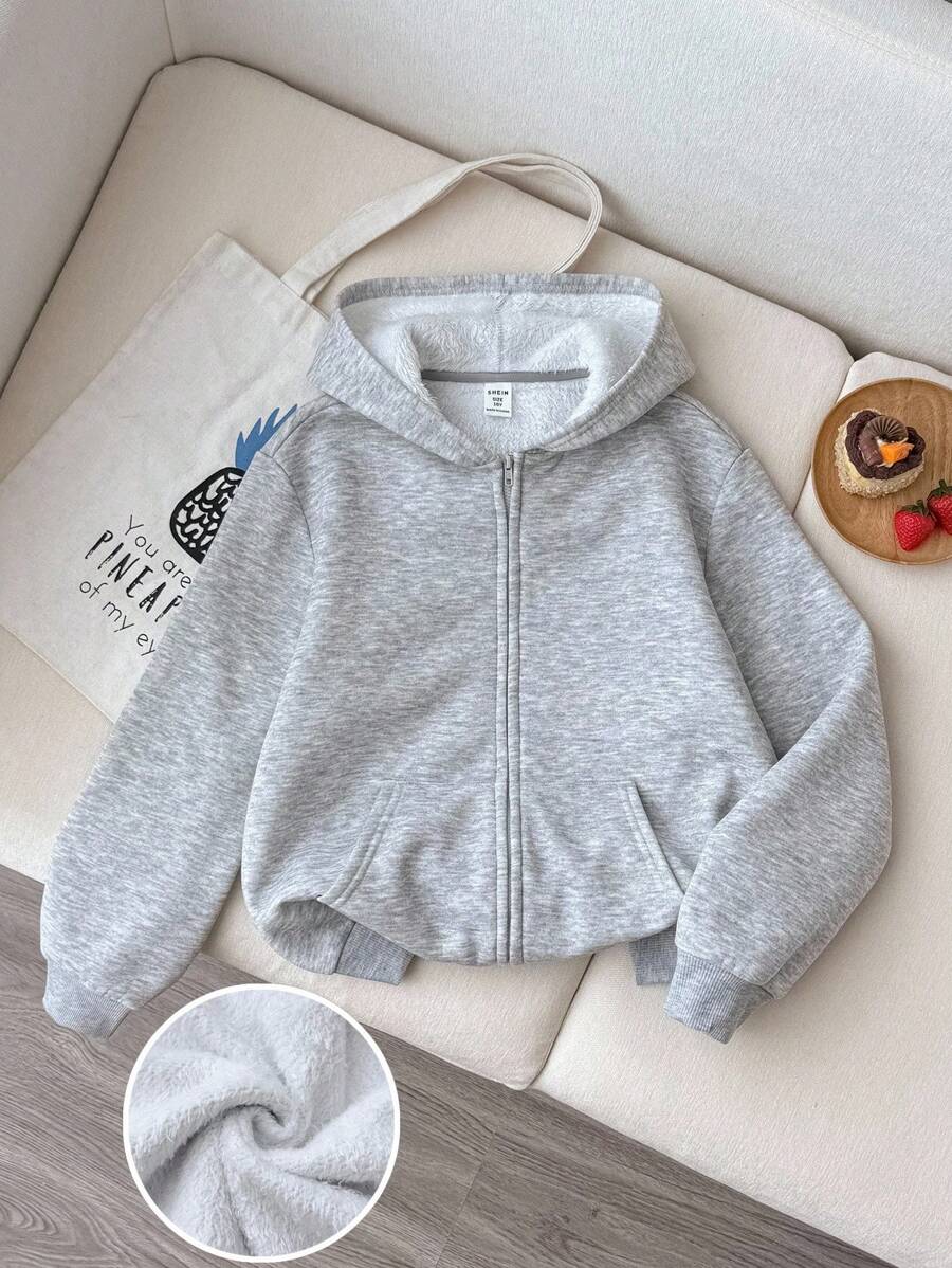 SHEIN Tween Girl Casual Comfortable Minimalist Gray Hooded Long Sleeve Knit Top, Suitable For Outings, School, Daily Gatherings, Autumn/Winter Fall - Grey - View 1