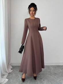 Elenzga Women's Elegant Coffee Brown Round Neck Front Zipper High-End Design Waist Fitted Flared Long Sleeve Midi Dress, Suitable For Commuting In Autumn Fall Cloth For Women - Brown - View 4