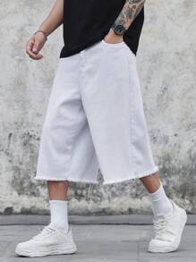 Claim Dot Plus Size Men's White Denim Mid-Length Frayed Hem Shorts Versatile For Daily Wear - White - View 3