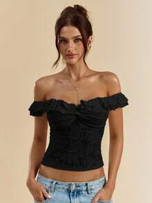 SHEIN BAE Women's White Textured Knit Open Shoulder Double Ruffle Front Twist Bodycon Top, White Blouse, Summer Top Black Tops,Valentine's Day,Valentine Outfits For Women - Black - View 1