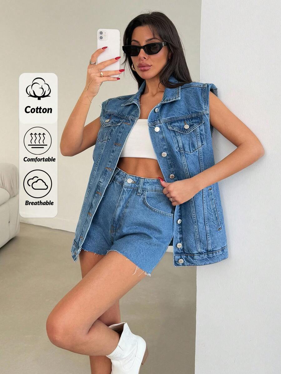 EURMUSE WOMEN Two Pieces OUTFITS DENIM JACKET AND SHORT - Light Wash - View 1