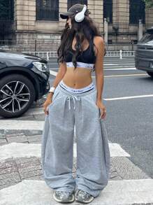 Coolane 女士秋季街头服饰基本款日常外出机场休闲灰色低腰宽松香蕉裤