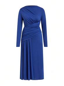 Ellevyn Women's Curvy Plus Size Royal Blue Dress,Long Sleeve Elegant Formal Pleated Ruched Knit Dress For Winter Wedding Guest,Party,Date Night Outfit,2025 - Blue - View 11
