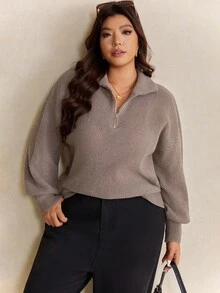 Elaquor 大码休闲简约基本款家居服宽松纯色半拉链针织毛衣，秋冬 - 咖啡棕 - 查看 4