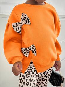 SHEIN Bộ 2 áo len cổ tròn in họa tiết da báo 3D màu trơn và quần len in họa tiết da báo cho bé gái - trái cam - Xem 6