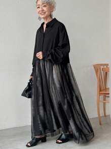 FRIFUL 女式黑色落肩长袖下摆拼布扎染面料透明网眼衬衫裙，秋季连衣裙，休闲长裙 - 黑色 - 查看 5