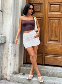 EURMUSE WOMEN LOW WAIST WHITE DENIM SKIRT EVERYDAY CASUAL RAW EDGE White Jean Skirt Frayed Hem Denim Skirt Casual Skirt Summer Skirt - White - View 3