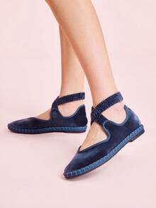 CUCCOO DOLLMOD CUCCOO Women's Navy Blue Velvet Comfortable Soft Criss-Cross Mary Jane Flats For Christmas Spring Shoes - Dusty Blue - View 3