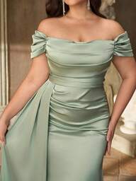 Aureia Plus Size Elegant Minimalist Green Open Shoulder Ruched Waist Luxury Satin Mermaid Hem Bridesmaid Dress