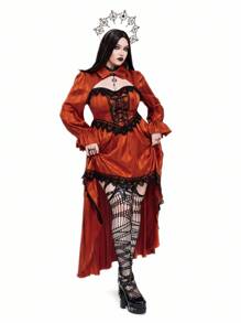 Whyspr 哥特朋克万圣节吸血鬼哥特式新款哥特式深色优雅缎面条纹二合一衬衫领泡泡袖连衣裙，派对/角色扮演短裙，前短后长设计秋季女装 - 橘色 - 查看 6