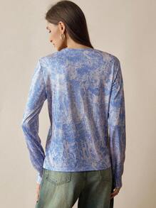 Florisole Women's Retro All-Over Print Crew Neck Loose Casual Long Sleeve T-Shirt Fall Cloth For Women - Blue - View 2