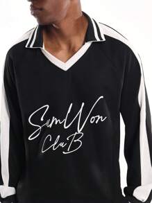 SUMWON Retro Style Polo With Signature Club Script Print White Striped Detail Varsity Look Premium Club Wear Monochrome Design Casual - Black - View 4