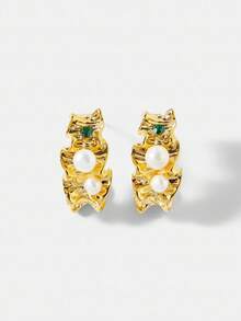 MOTF PREMIUM FAUX PEARL & RHINESTONE TEXTURED EARRINGS - Gold - View 2
