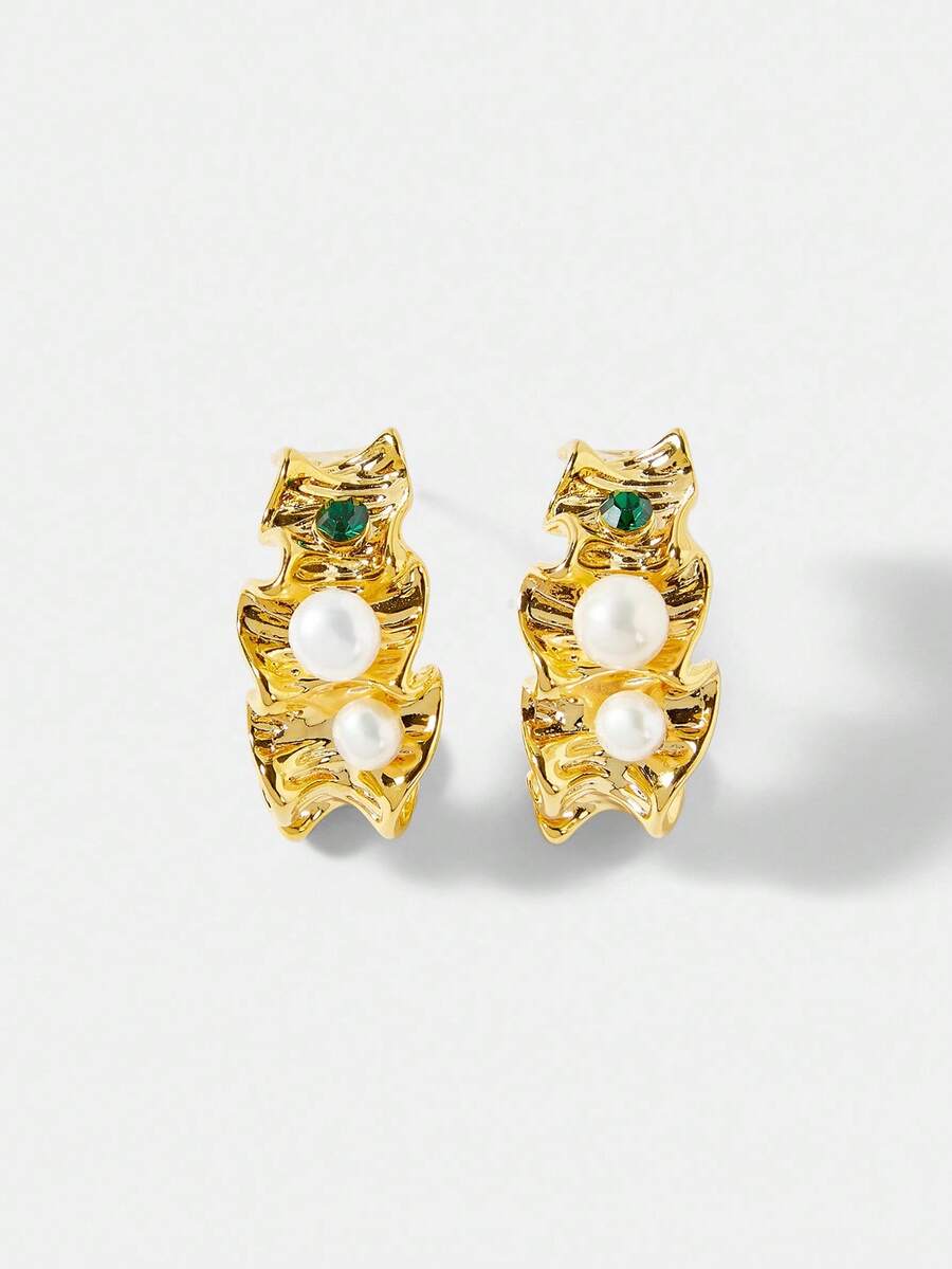 MOTF PREMIUM FAUX PEARL & RHINESTONE TEXTURED EARRINGS - Gold - View 2