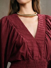 Aveloria Elegancka bluzka damska z plisowanymi marszczeniami i długim rękawem w stylu boho, w stylu boho - Burgund - Zobacz 7