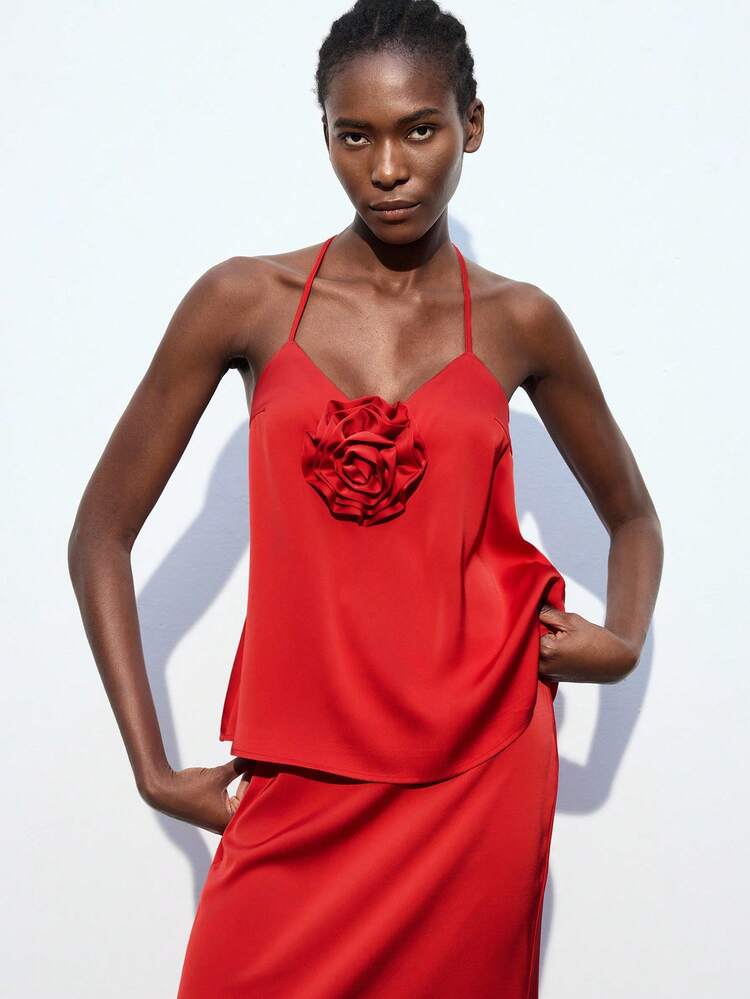 SHEIN Maija 1 pieza Camiseta de mujer de unicolor con decoración floral 3D, cuello halter, para verano, para salir, para club, sexy, para vacaciones