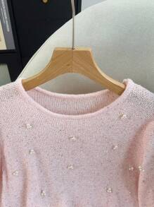 GlowEve Áo len chui đầu tay loe đính sequin và ngọc trai mềm mại & tinh tế, màu hồng, áo chui đầu dệt kim mùa xuân/thu thu đông - Hồng - Xem 4