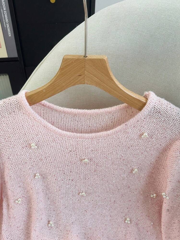 GlowEve Áo len chui đầu tay loe đính sequin và ngọc trai mềm mại & tinh tế, màu hồng, áo chui đầu dệt kim mùa xuân/thu thu đông - Hồng - Xem 4