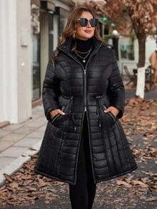 SHEIN Clasi Áo khoác dài chần bông có khóa kéo cỡ lớn dành cho nữ, mùa thu/đông - màu đen - Xem 8