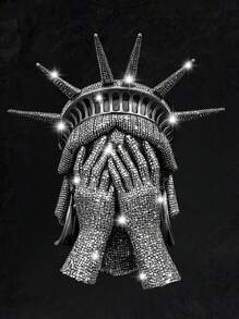 SHEIN 自由女神像，男孩图案，黑色图案T恤，都市时尚短袖圆领T恤，仿钻石，街头风格，青少年男孩休闲简约夏季 - 彩色 - 查看 3