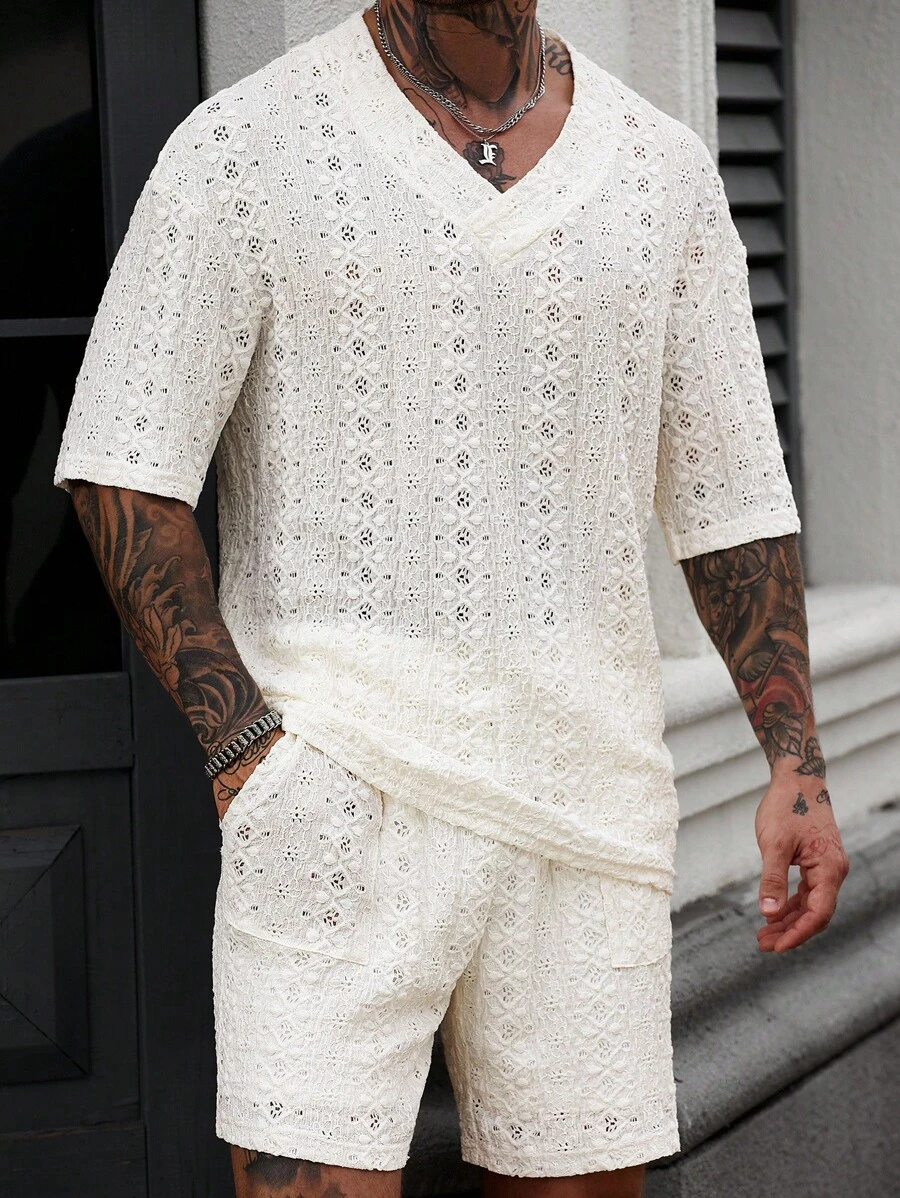 Manfinity CasualCool 男士针织纹理图案白色T恤套装 - 白色 - 查看 1