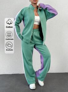 RueChic Cotton Contrast Side Seam Raglan Sleeve Jacket & Pants - Multicolor - View 1