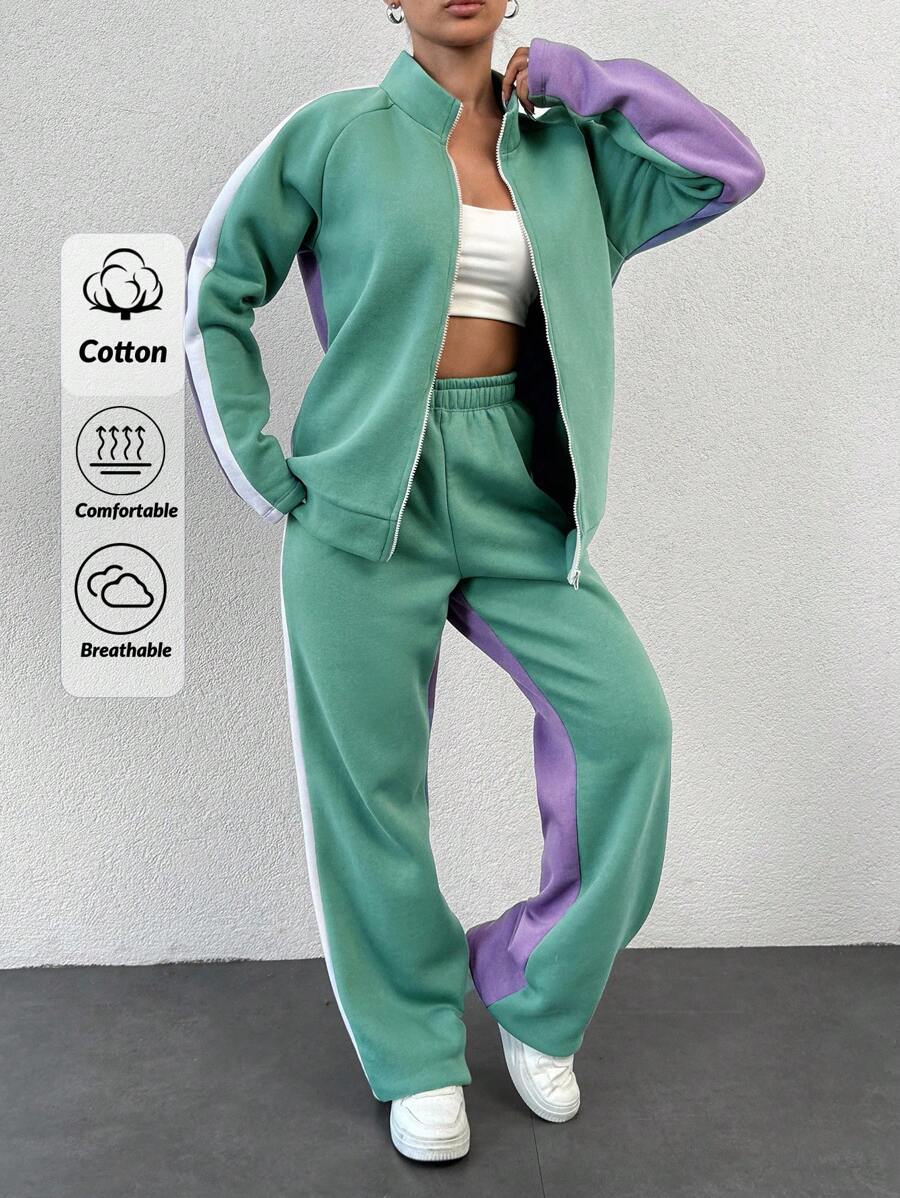 RueChic Cotton Contrast Side Seam Raglan Sleeve Jacket & Pants - Multicolor - View 1