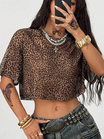 Coolane Camiseta corta transparente con estampado de leopardo para mujer, ideal para conciertos de verano, festivales, salidas y ferias del Renacimiento en estilo Y2K