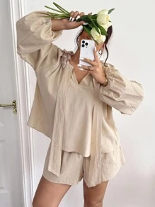 SHEIN Frenchy مجموعة من قطعتين للمرأة ذات الحجم الكبير، ملابس علوية كاجوال طويلة الأكمام وشورت - لون مشمشي - مشاهدة 2