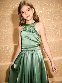 Elegant Sage Green Summer Wedding Dress For Tween Girls,Flower Girl Prom Evening Party Gown - Green - View 8