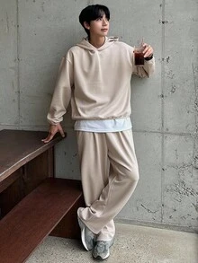 DAZY 男士纯色卡其色连帽衫套装，秋季 - 卡其色 - 查看 6