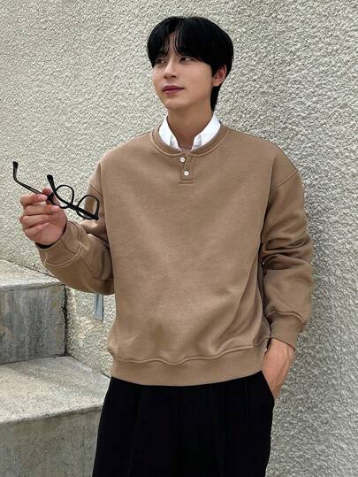 DAZY 男士纯色卡其色半拉链套头衫，秋季