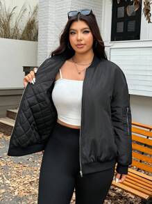 SHEIN EZwear Plus Size Women Casual Solid Color Jacket For Autumn/Winter,Fall,Back To School,Warm,Zip Up - Black - View 9
