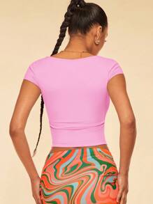 SHEIN BAE Scoop Neck Ruched Side Crop Tee - Pink - View 2