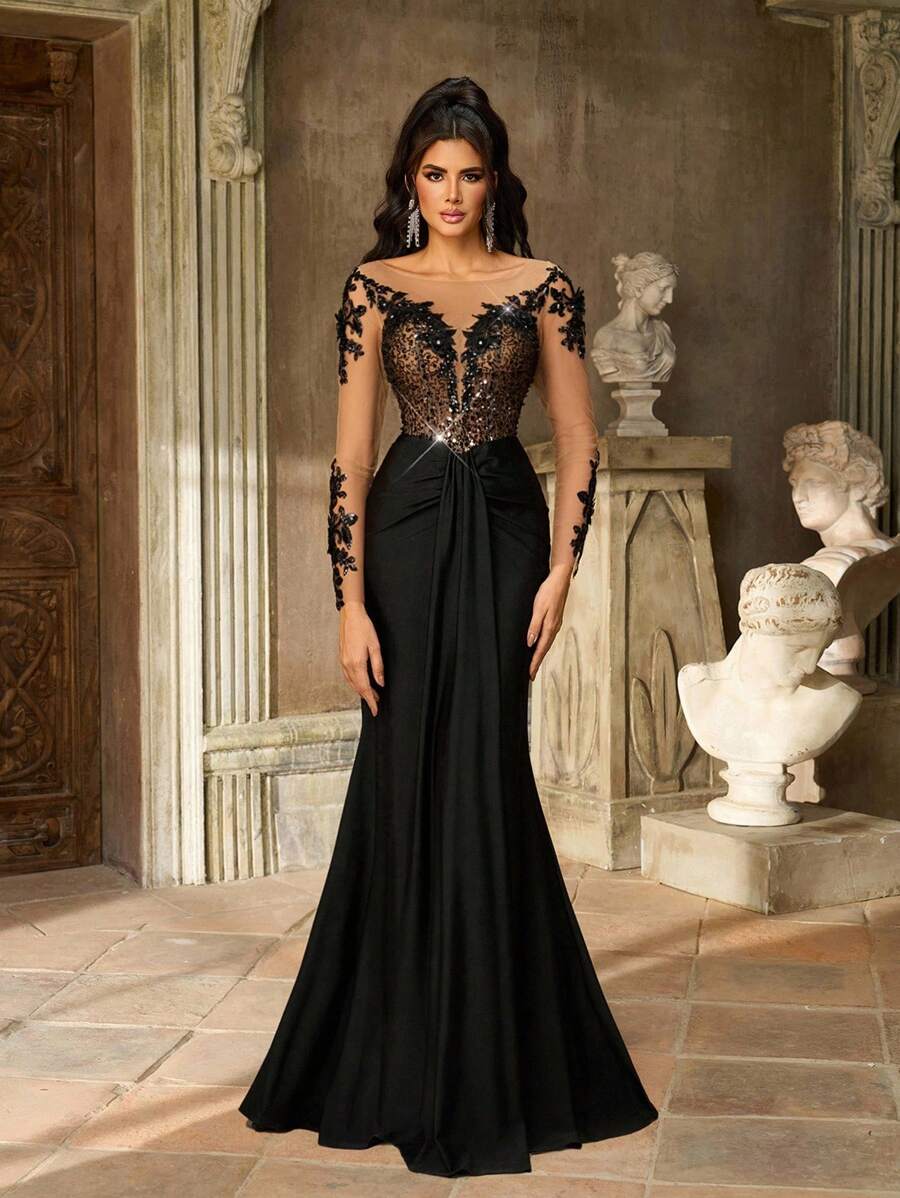 Aureia Đầm dạ hội dài tay sang trọng, chất liệu voan mỏng, đính cườm, sequin và thêu ren, phối ren, co giãn, màu đen, thích hợp cho đám cưới, tiệc tùng, kỳ nghỉ, dạ hội, dạ tiệc buổi tối (đính kết cầu kỳ), Ngày Valentine.