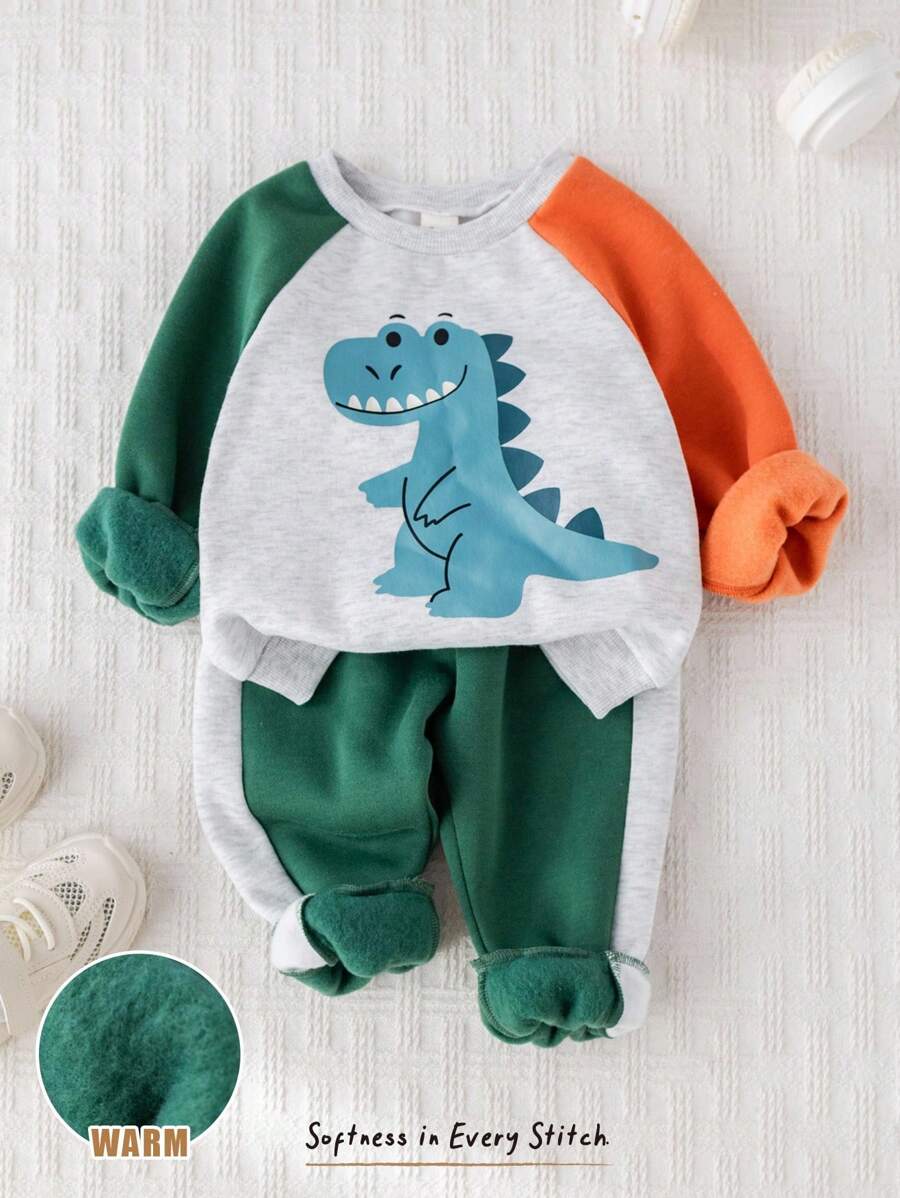Cozy Pixies 2 件套男婴卡通恐龙图案针织柔软撞色圆领插肩袖套头衫和松紧腰卷边裤套装 - 彩色 - 查看 1