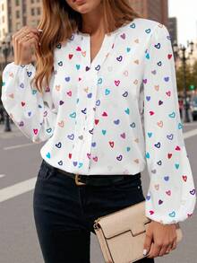 Glamance Maria Clara Maia Women's Casual Simple Long Sleeve Shirt, Elegant For Commuting, Suitable For Autumn/Winter Heart Blouse Long Sleeve Blouse Heart Shirt Women Heart Print Blouse Cute Heart Shirt Women Heart Top Long Sleeve Heart Blouse - Multicolor - View 1