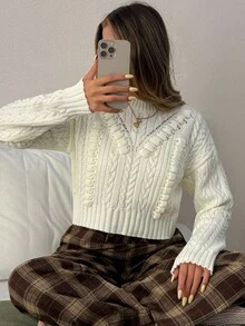 EURMUSE 奶油色粗针织短款毛衣，3D 蝴蝶结细节和罗纹下摆 - 女性化舒适触感 - 杏色 - 查看 6