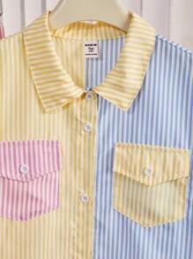 Conjunto de 2 peças para meninas adolescentes, cardigã listrado com lapela e saia gráfica moderna, adequado para o deslocamento diário - Multicolorido - Ver 4