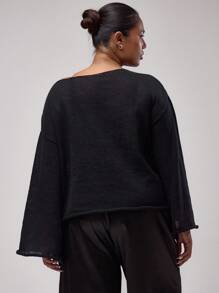 MUSERA Áo len tay loe cổ lệch dáng cỡ lớn, kiểu dáng thanh lịch thường ngày cho mùa xuân hè. - màu đen - Xem 2