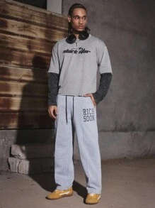 PAVTROS Manfinity Streetrush Men's 2 In 1 Sweatpants,Thickened Thermal Lined Drawstring Waist Joggers, Slogan Light Grey,Autumn,Streetwear,City Break - Light Grey - View 4