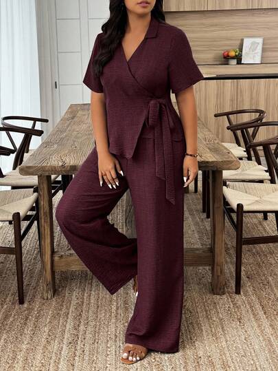 Weeklong Büyük Beden Kadın Düz Renk Önden Bağlamalı Üst ve Şort Rahat 2 Parça Set