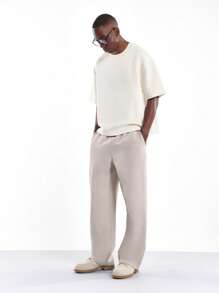 SUMWON Quần dài ống rộng vải chéo cao cấp, cạp chun thoải mái, chất lượng cao, mặc nhà, mặc mùa thu đông, mặc thường ngày, quần rộng rãi, thoải mái - Màu be - Xem 3