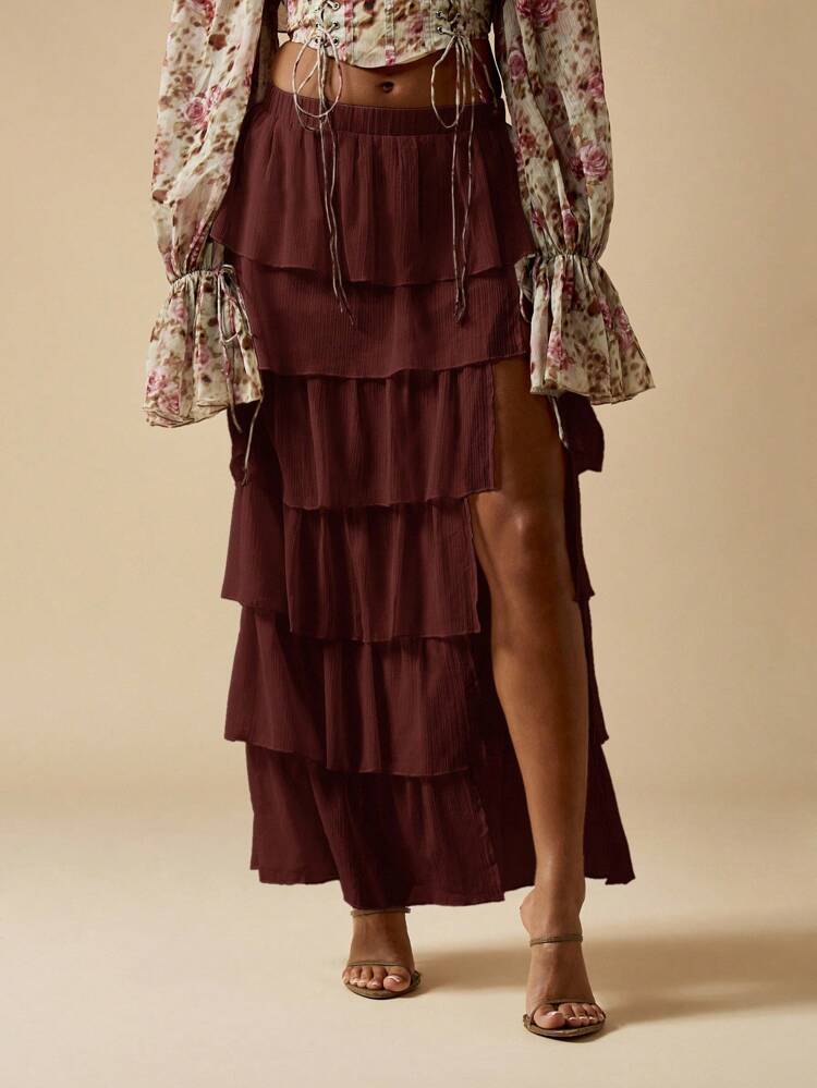 MISSGUIDED Tiered Ruffle Chiffon Maxi Skirt With Side Split Layered Holiday Beach Wedding Guest Bohemian Summer Long Skirt