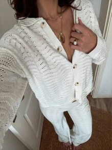 Sunnyshic Women's Casual Hollow Knit Cardigan And Sweater Pants 2 Pieces Set, Autumn/Winter - Beige - View 3