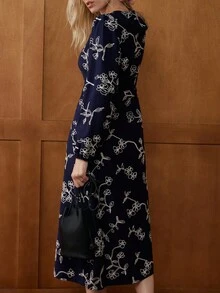 Écloséra 女士V领提花刺绣长袖连衣裙，时尚设计，秋季