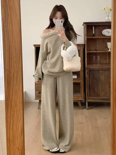 DAZY 2 ชิ้น เสื้อสเวตเตอร์ถักแขนยาวไหล่เฉียงสีพื้นสำหรับผู้หญิง ทรงหลวม พร้อมปกขนสัตว์สำหรับฤดูหนาว