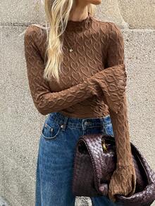 Elyressa Französisches Design strukturiertes Strick Damen T-Shirt - Kaffeebraun - Übersicht 4