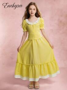 Tween Girls T-Shirt Set, Casual Elegant & Vacation, Yellow Puff Sleeve Boat Neck Cropped Shirt And Long Skirt Yellow Gingham Dress Girl Lemon Dress Girl Teen Girl Dresses Yellow Babydoll Dress Girl Girls Yellow Summer Dress - Yellow - View 9
