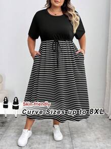 SHEIN CURVE+ Kurvenreiche Große Größen/Herbstkleidung/Herbstmode für Frauen/Winterkleidung für Frauen/Wintermode Große Größen Modische Lässig-bis-Business Elegante Free People Schulanfang, Outfit für Lehrer, Business-Profi, Pride-Bekleidung Schwarzes Kleid, Herbst, Konzerte, Damen Rundhals Taschen Mini Kleid, Gestreiftes Maxikleid